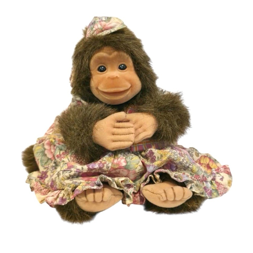 1994 Hosung Monkey Chimp Stuffed Hand Puppet Plush Floral Dress Bonnet Squeeks